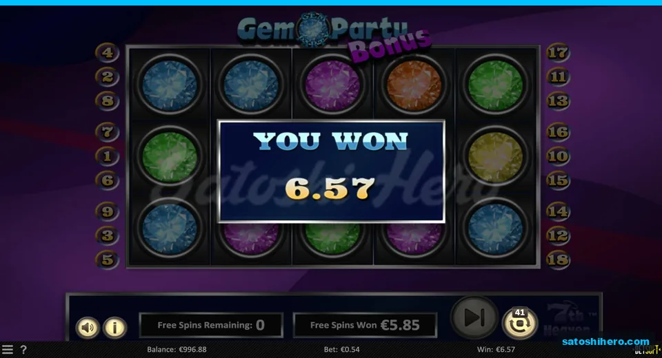 $6.57 total shown after seven Gem Party free spins