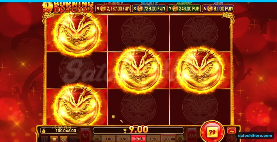 Board holding four dragon coins above a 9.00 win bar