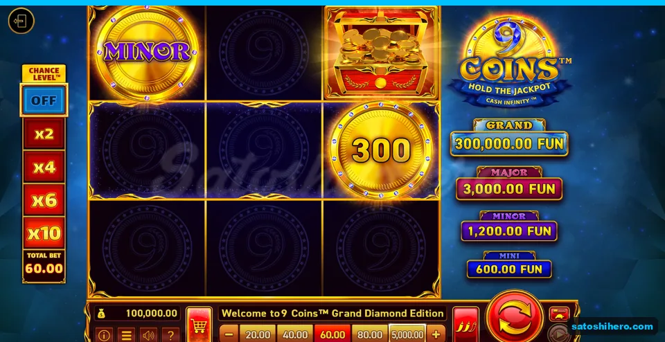 Board before the first spin with coins and jackpot plaques