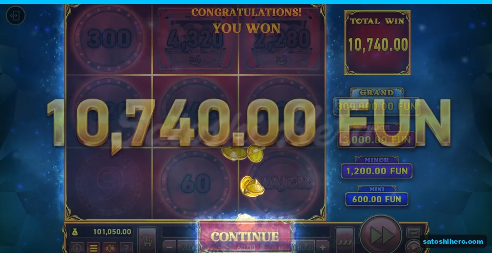 Board dimmed behind the $10,740.00 total win panel