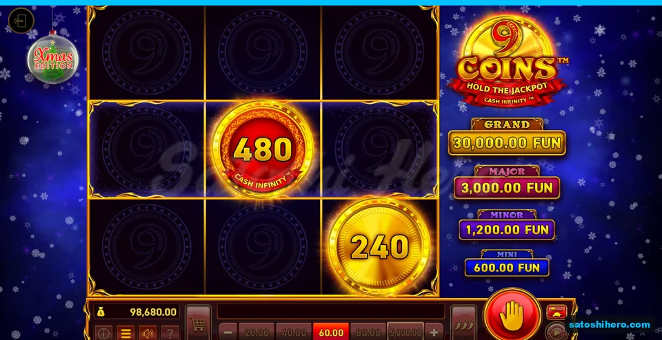 Board at rest with red middle coin and jackpot plaques