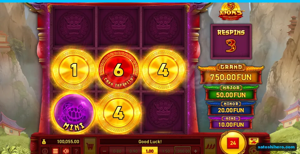 Board mid-feature with five locked symbols and three respins