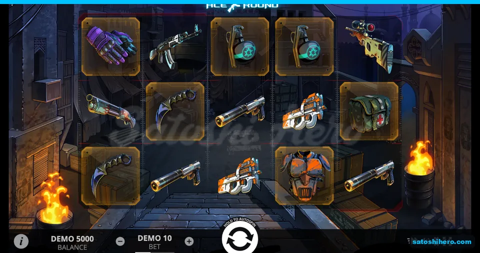 500-bet balance shown beneath the weapon-filled alley grid