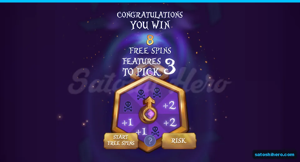 Bonus screen showing eight spins and three feature picks