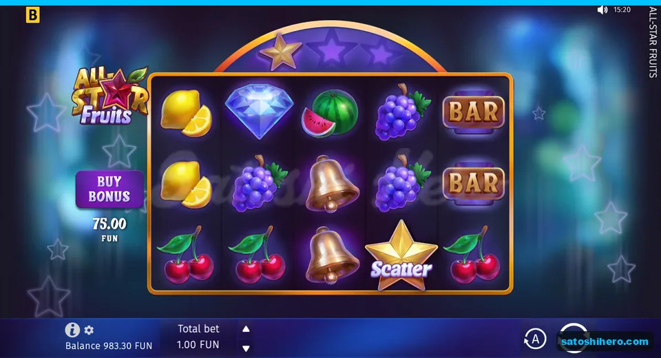 Base screen showing reels and 75.00 buy button