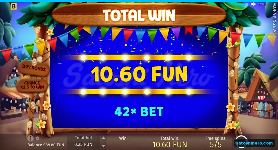 Total win screen showing 10.60 FUN
