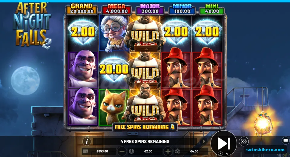 Four free spins remaining with stacked Wild and diamonds