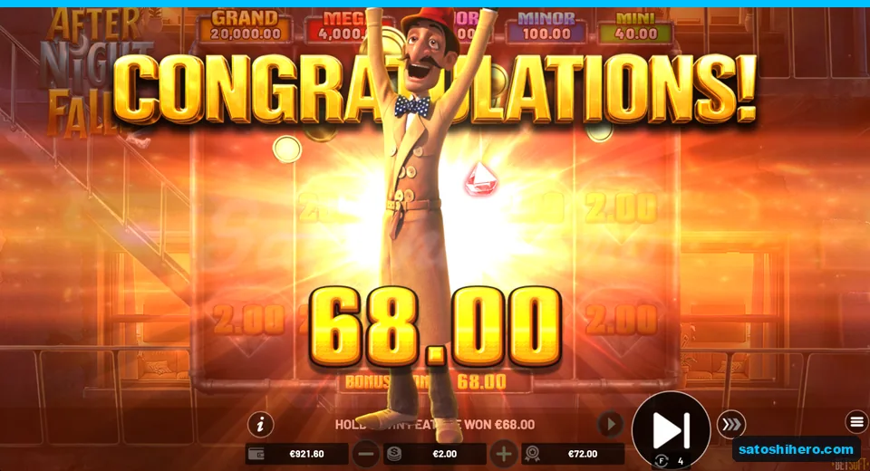 $68.00 total displayed above the completed feature payout