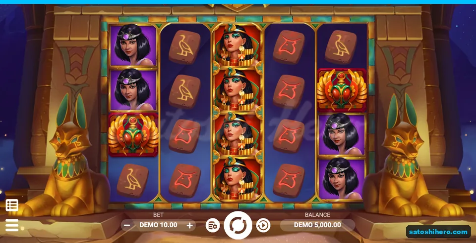 Settled 5-by-4 reels between two golden Anubis statues