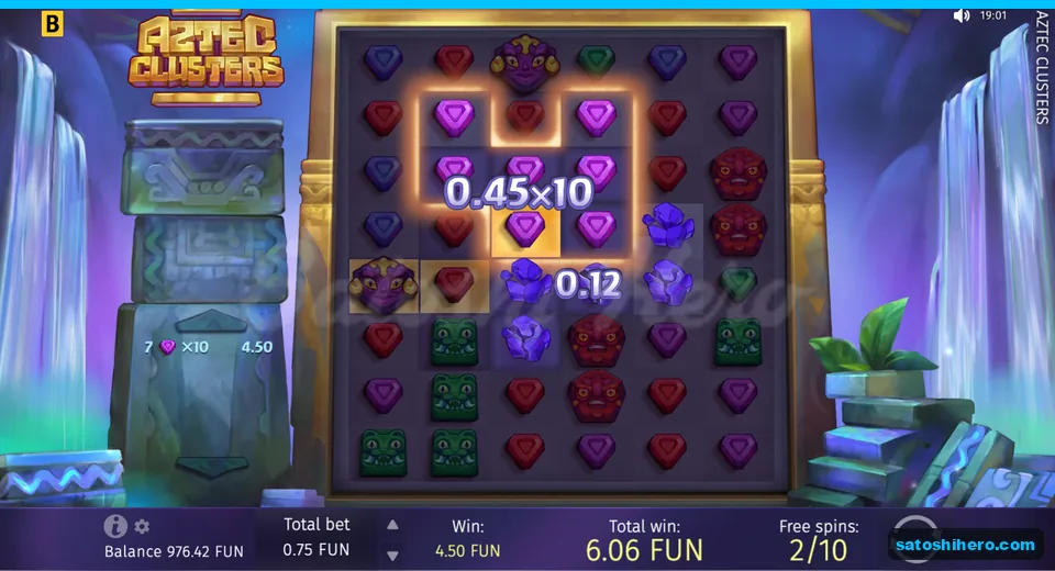 Free spins screen with purple gem x10 cluster