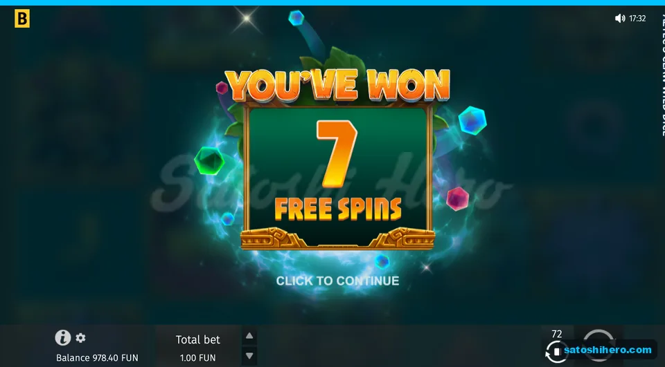 Award screen showing seven free spins