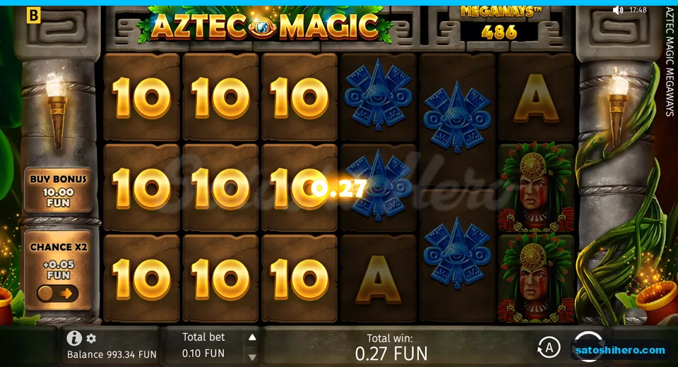 Win screen showing three gold tens paid