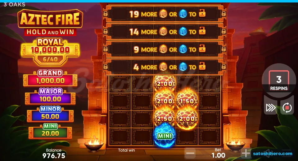 Bonus board with six fireballs and three respins remaining