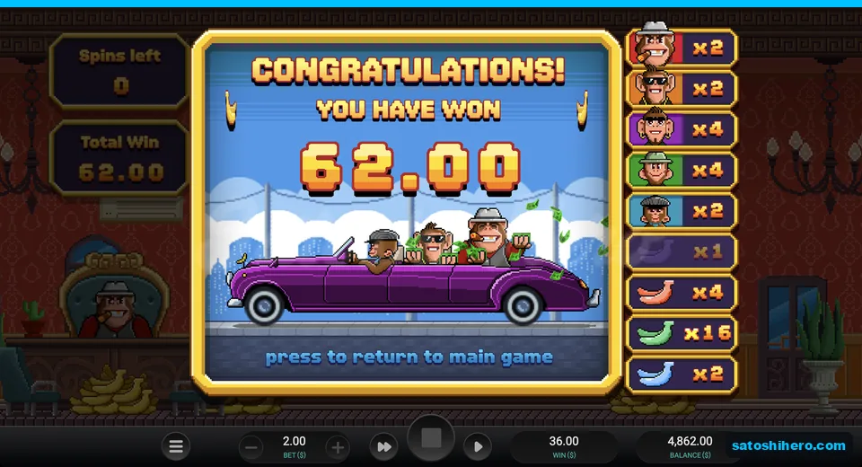 Total screen shows $62.00 from bought spins