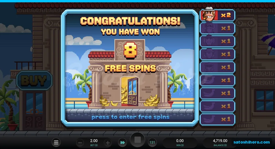 Free spins card awards 8 spins at x2