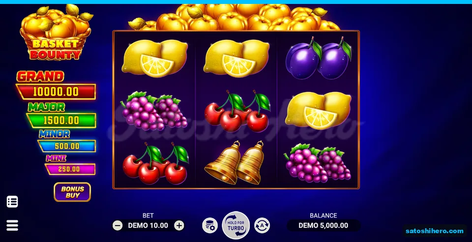 5,000.00 balance beneath fruit reels and jackpot plaques