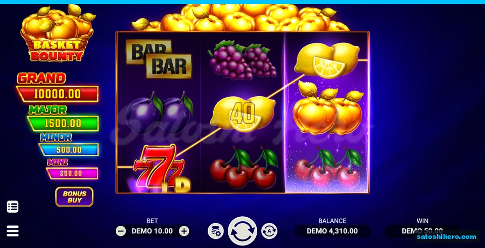 50.00 win counter above a lit three-reel payline