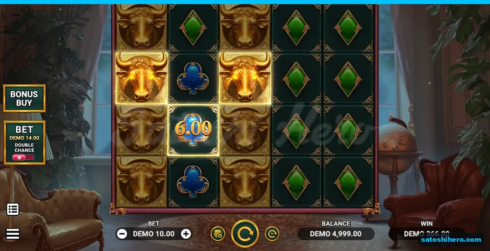 366.00 win shown with bull stacks on two reels