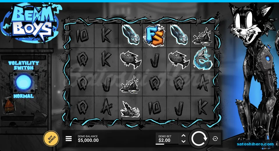 Blue reels beside a cyborg cat