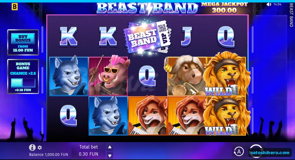 Base game screen showing neon stage, reels, and jackpot meter