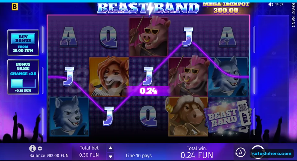 Win screen showing four Js and a 0.24 FUN payout