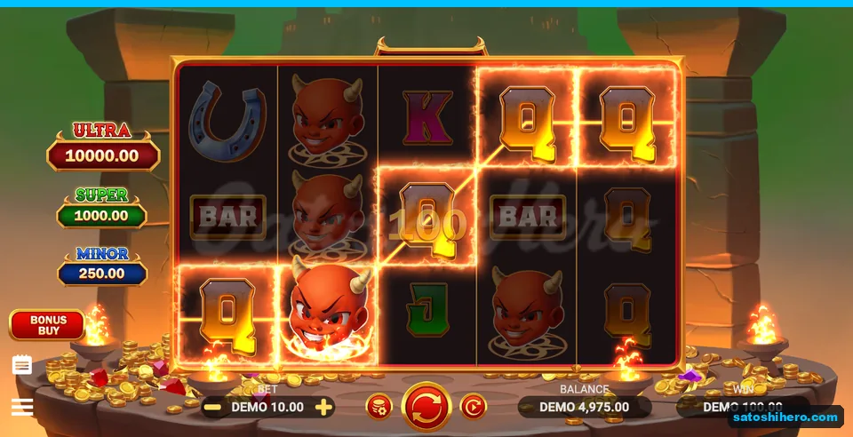 100.00 win displayed across devil wilds and Q symbols