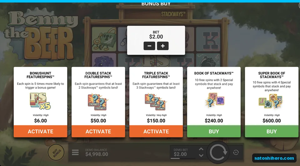 Bonus buy menu lists five prices