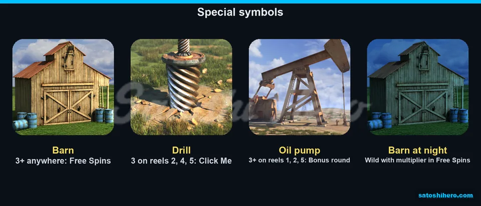 Three feature symbols and night barn shown
