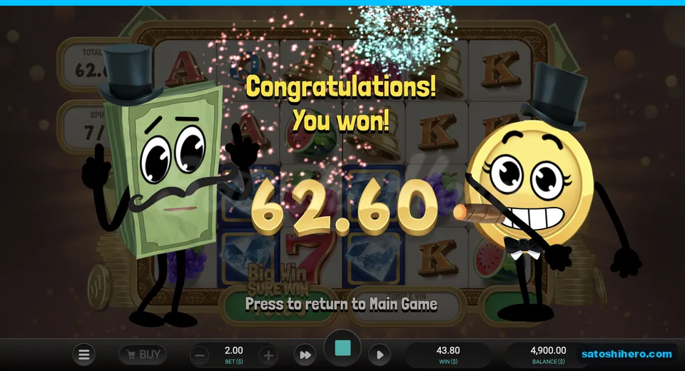 Total win screen showing sixty two dollars sixty