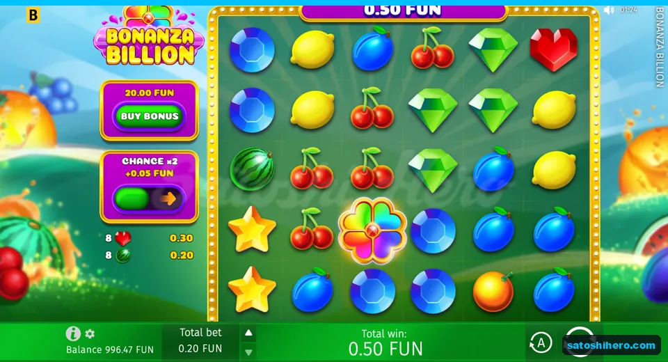 Win panel showing hearts, melons and 0.50 total