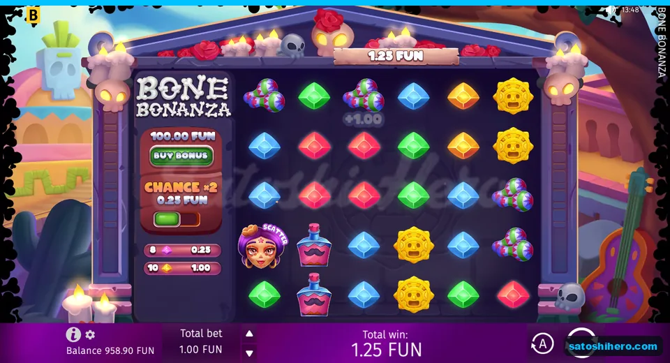 Win screen showing purple and orange gem payouts