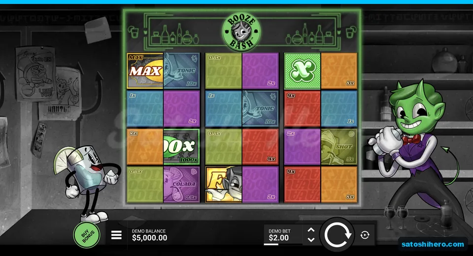Cocktail card grid inside green neon frame