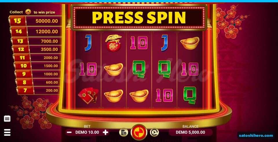 5,000.00 DEMO balance beside settled red-and-gold reels