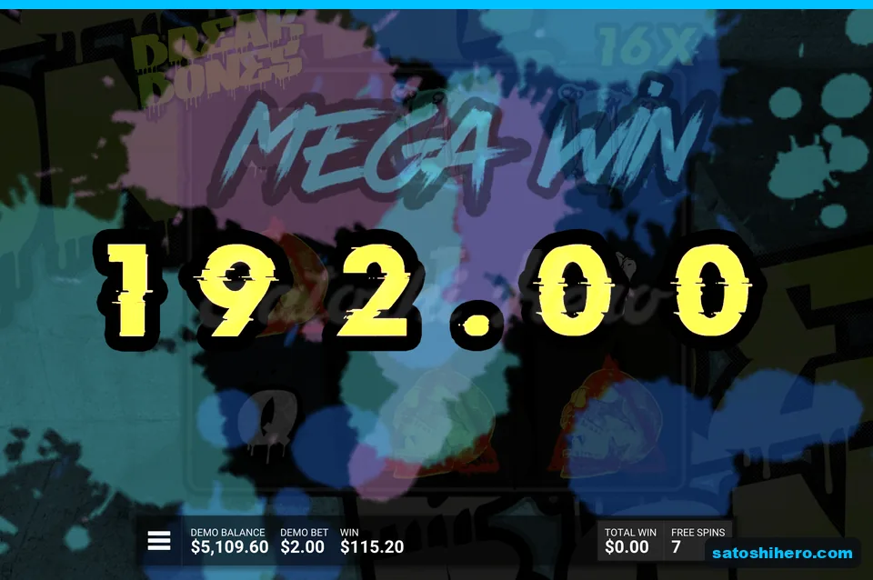 Mega Win screen shows $192.00 payout