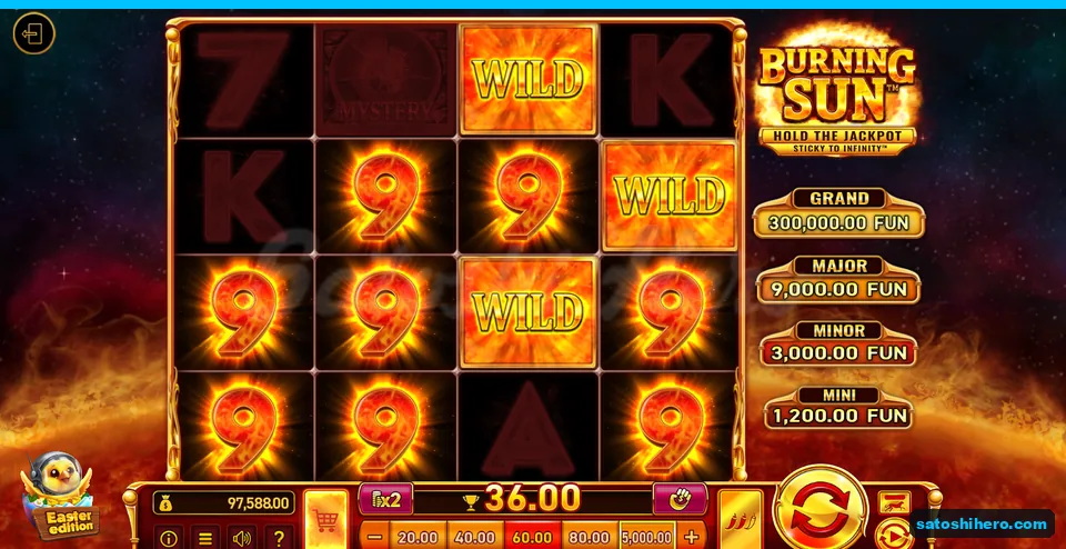 Board layout showing eight Nines three Wilds and 36.00 win