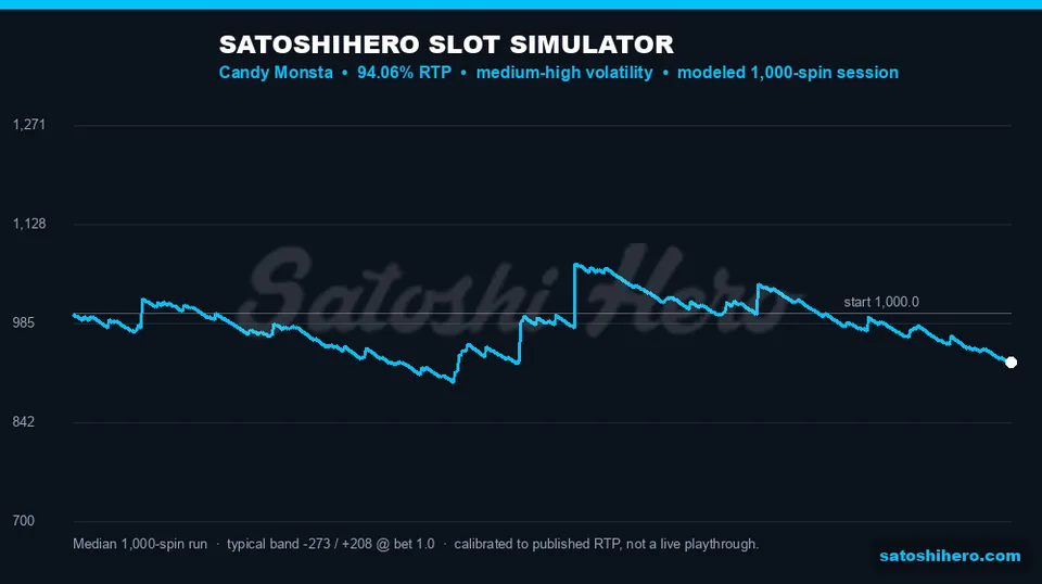 Simulator chart showing 1,000-spin balance spread