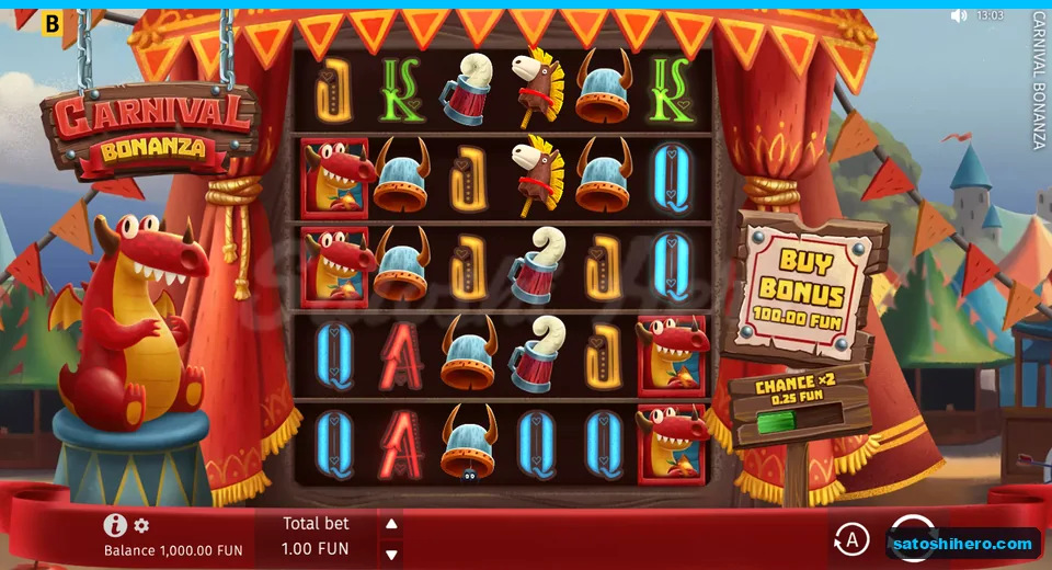 Base game screen showing symbols, controls, balance, and total bet