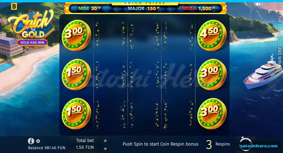 Bonus screen with six coins and three respins