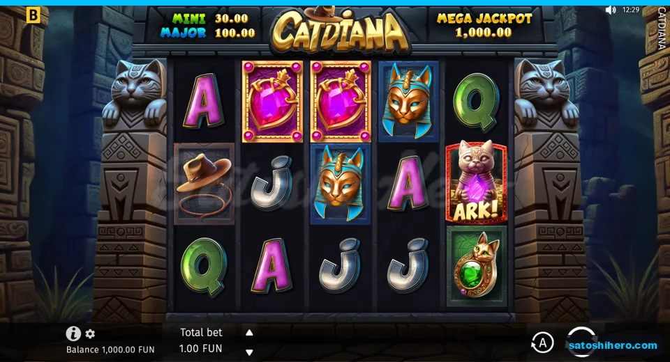 Screen showing card symbols, cat relics and jackpot values