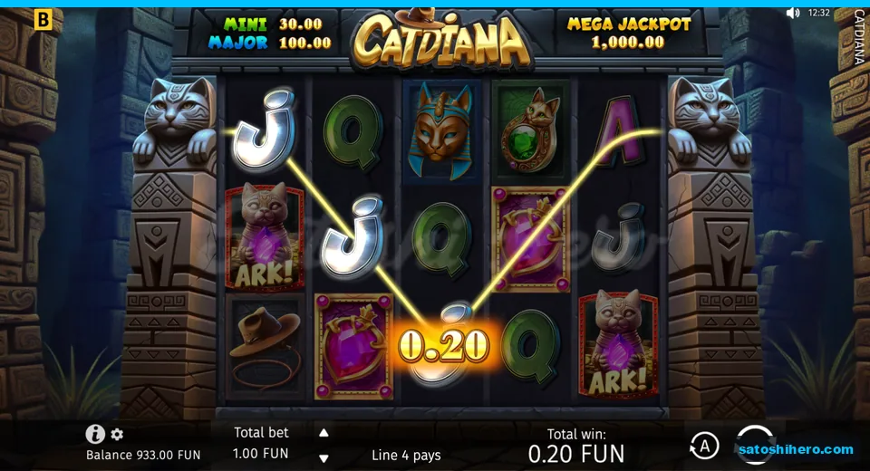 Screen showing three highlighted J symbols and a 0.20 win