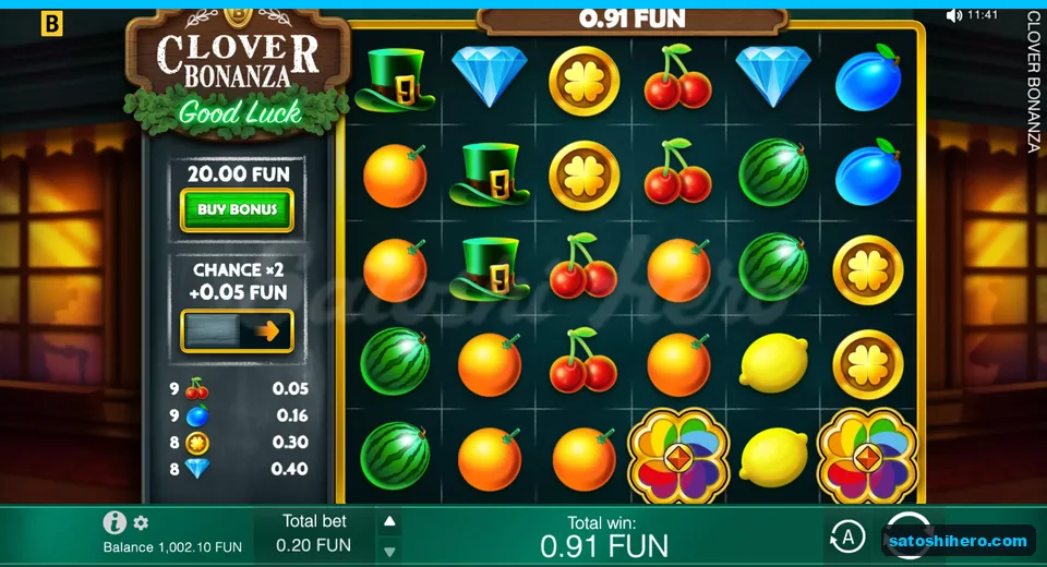 Win screen showing 0.91 FUN and four paying symbol groups