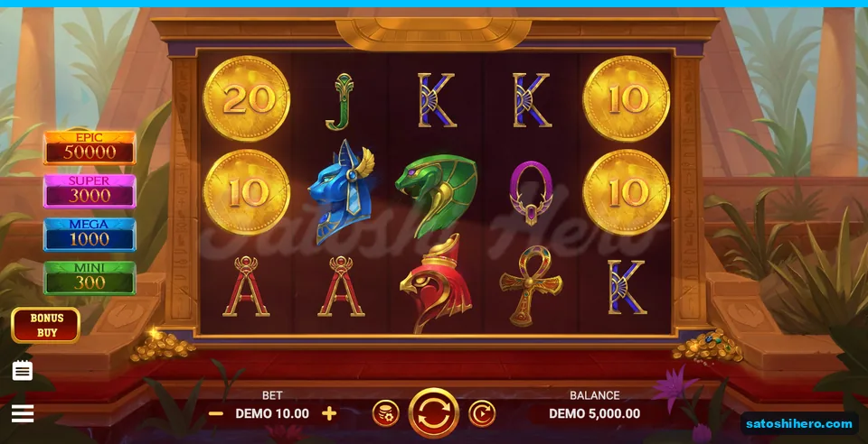 5-by-3 temple board at rest with Egyptian symbols and jackpot panel
