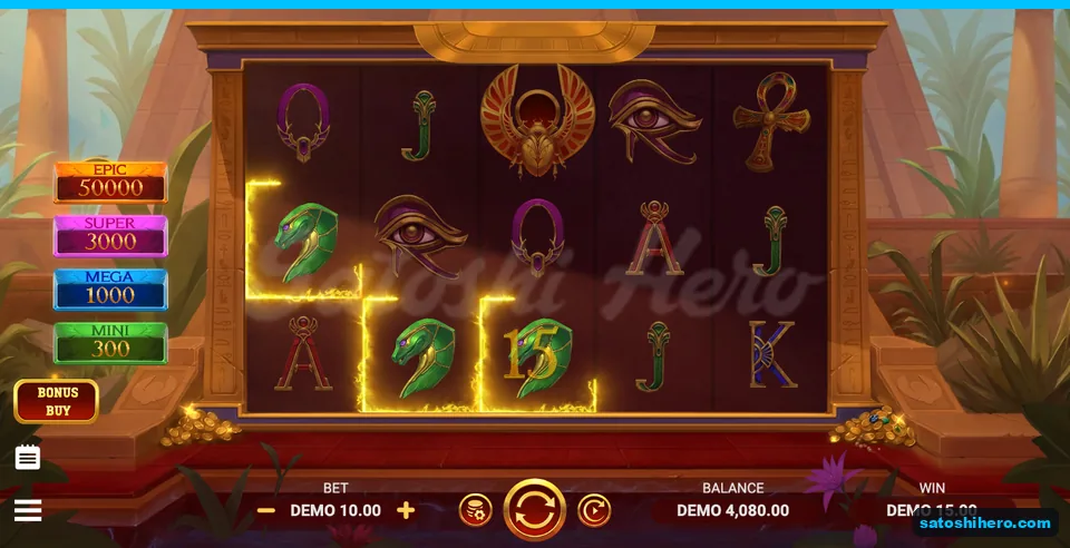 15.00 DEMO win shown across three highlighted cobras