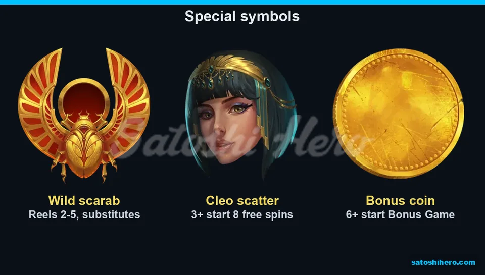 Eight free spins shown beside Wild scarab and Bonus coin