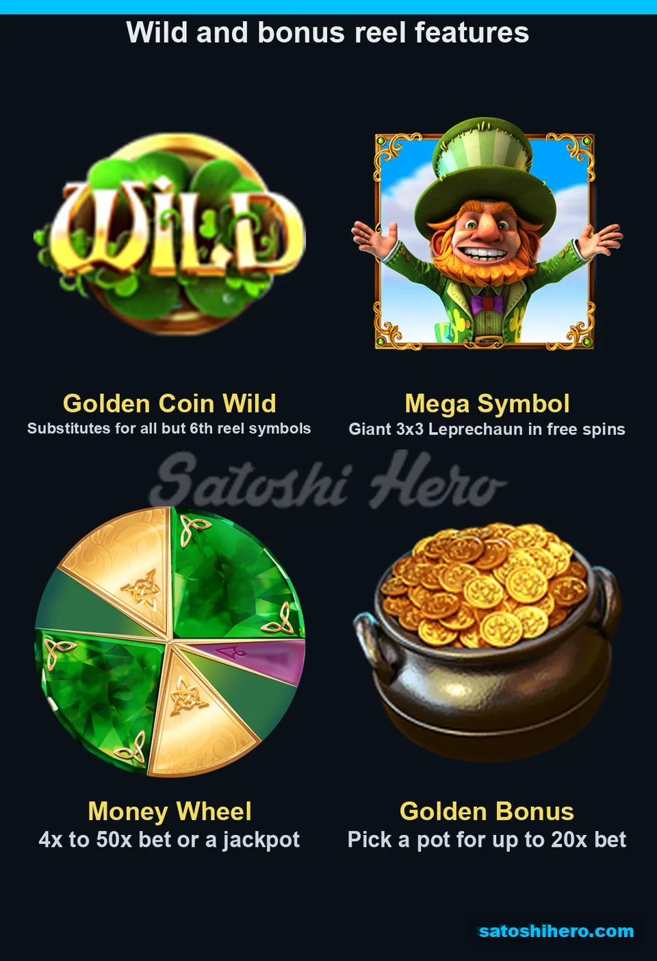 Wild, leprechaun, wheel and pot feature tiles