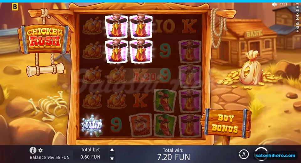 Win screen showing purple chickens and a $7.20 total