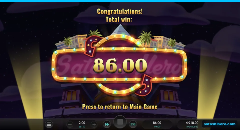Casino marquee shows $86.00 total win