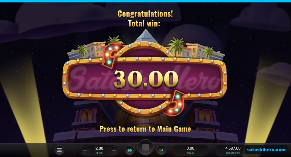 Casino marquee shows $30.00 free spins win