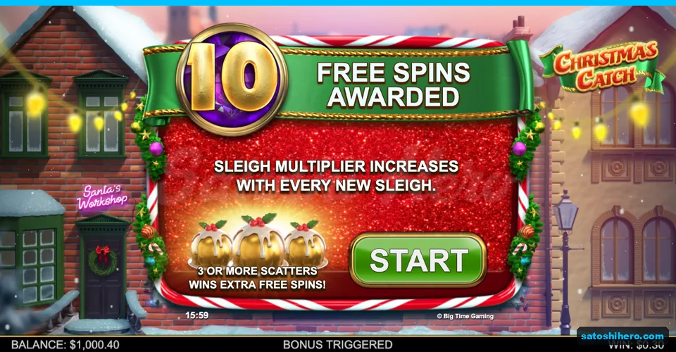 Award screen showing 10 free spins and start button