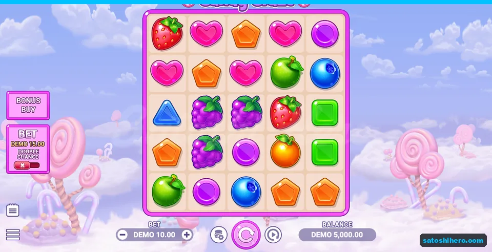 5x5 fruit and candy board above pastel clouds
